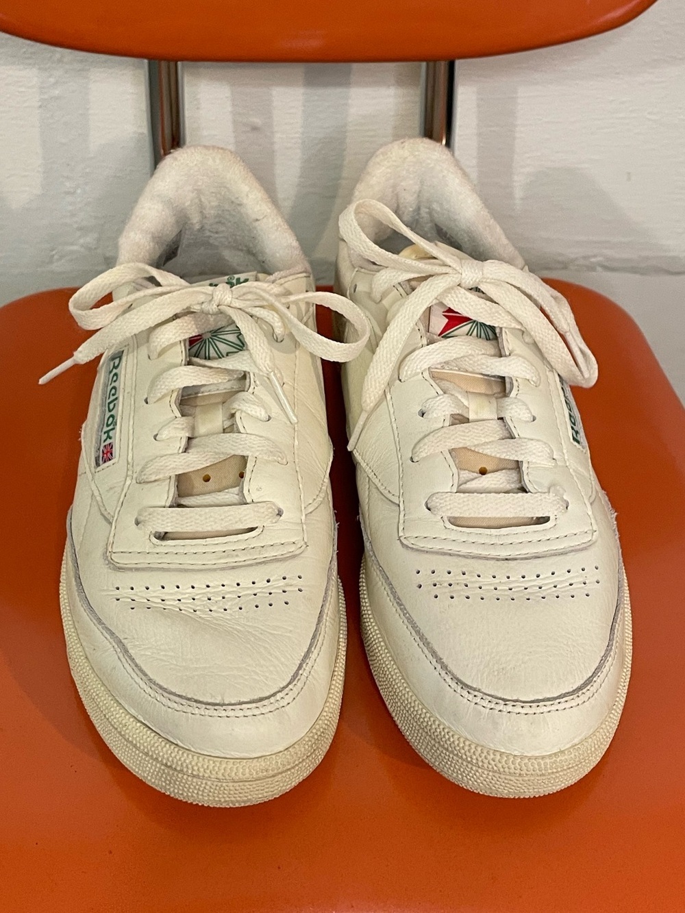 Vintage Reebok White Leather Sneakers with Green and Red Logo Accents
